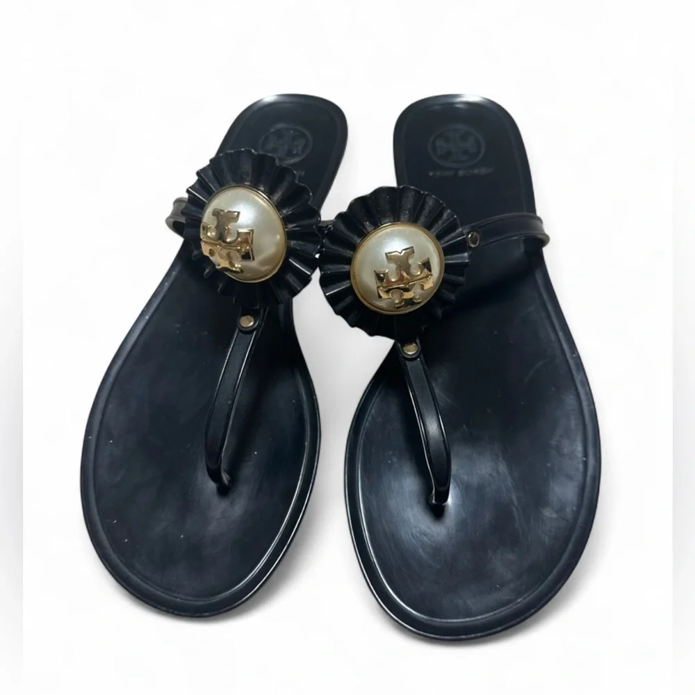 Tory Burch Black Miller Sandals | Gold Logo | Women’s Size 7